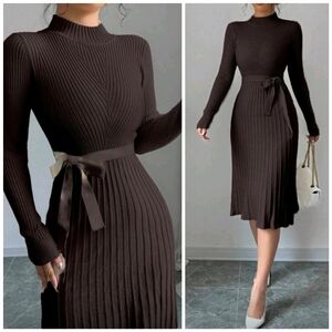 New Chic Ribbed Knit Knee Length Dress Long Sleeve Dark Brown